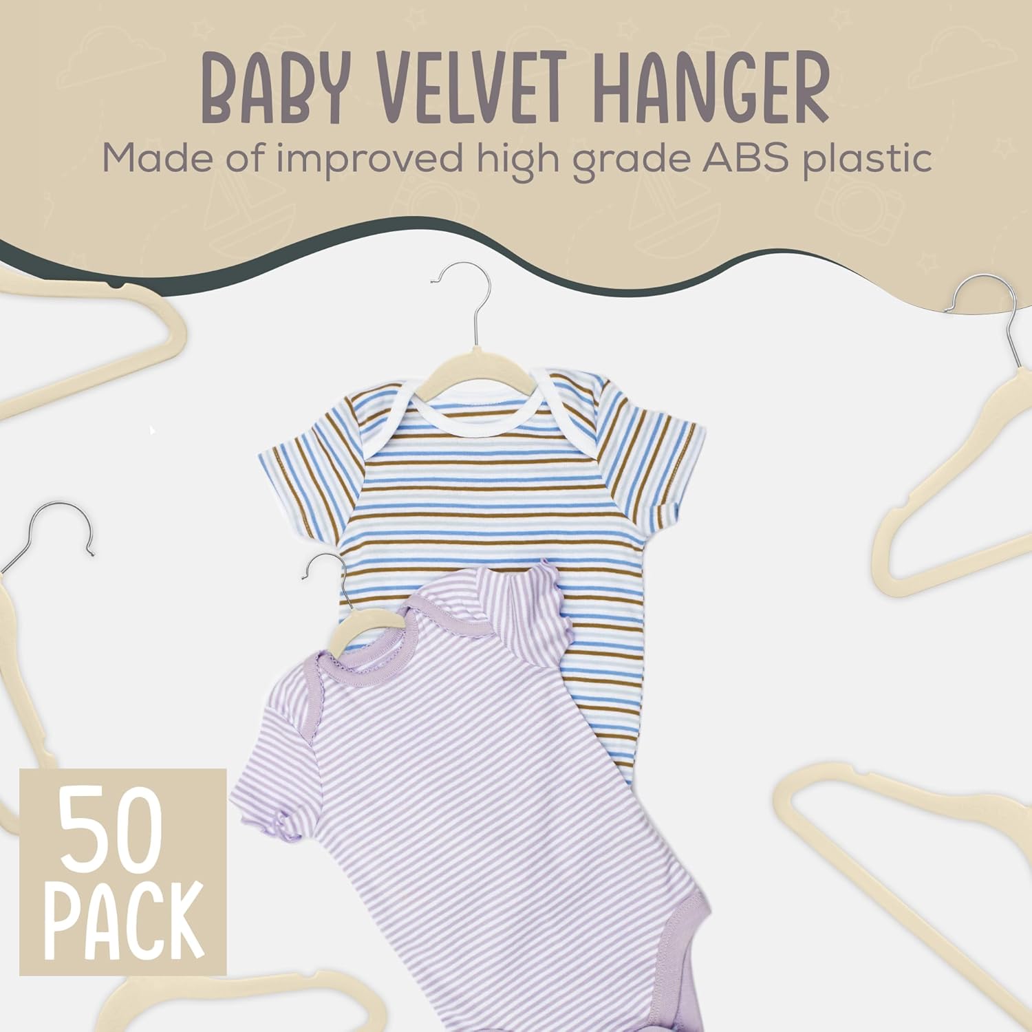 The Boring Hangers - 50 Velvet Baby Hangers Pack - Perfect for Newborn Clothes, Compact & Durable Design