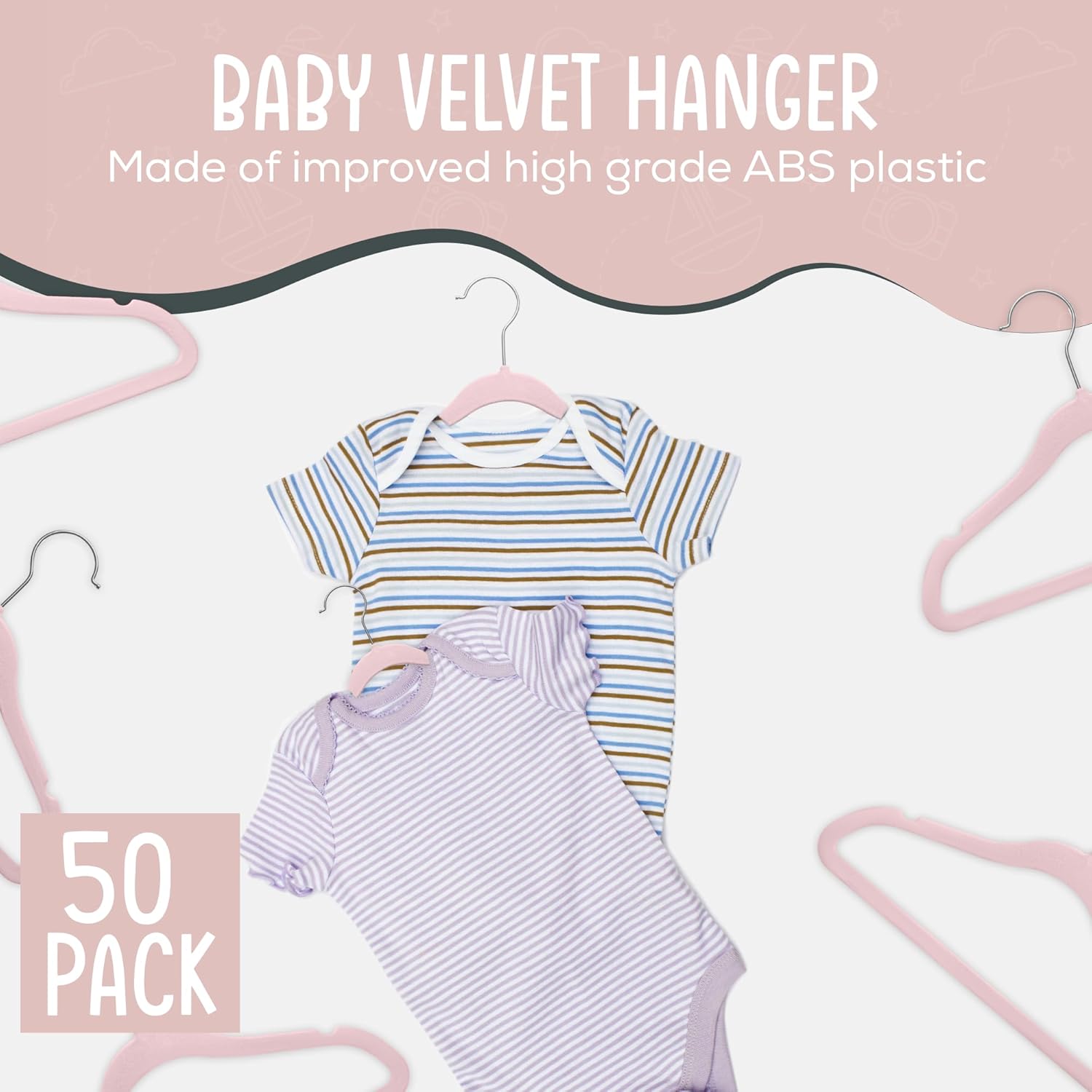 The Boring Hangers - 50 Velvet Baby Hangers Pack - Perfect for Newborn Clothes, Compact & Durable Design
