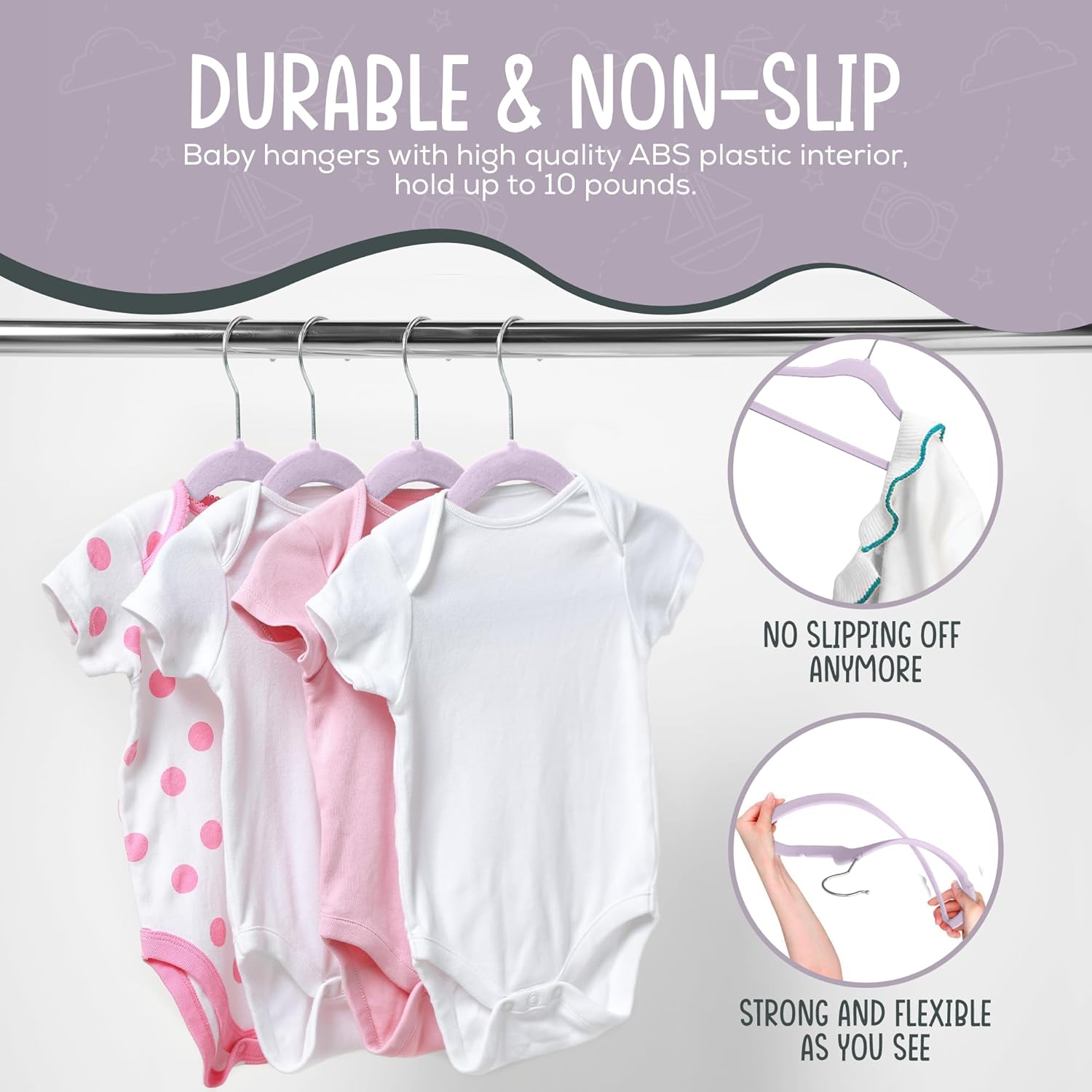 The Boring Hangers - 50 Velvet Baby Hangers Pack - Perfect for Newborn Clothes, Compact & Durable Design