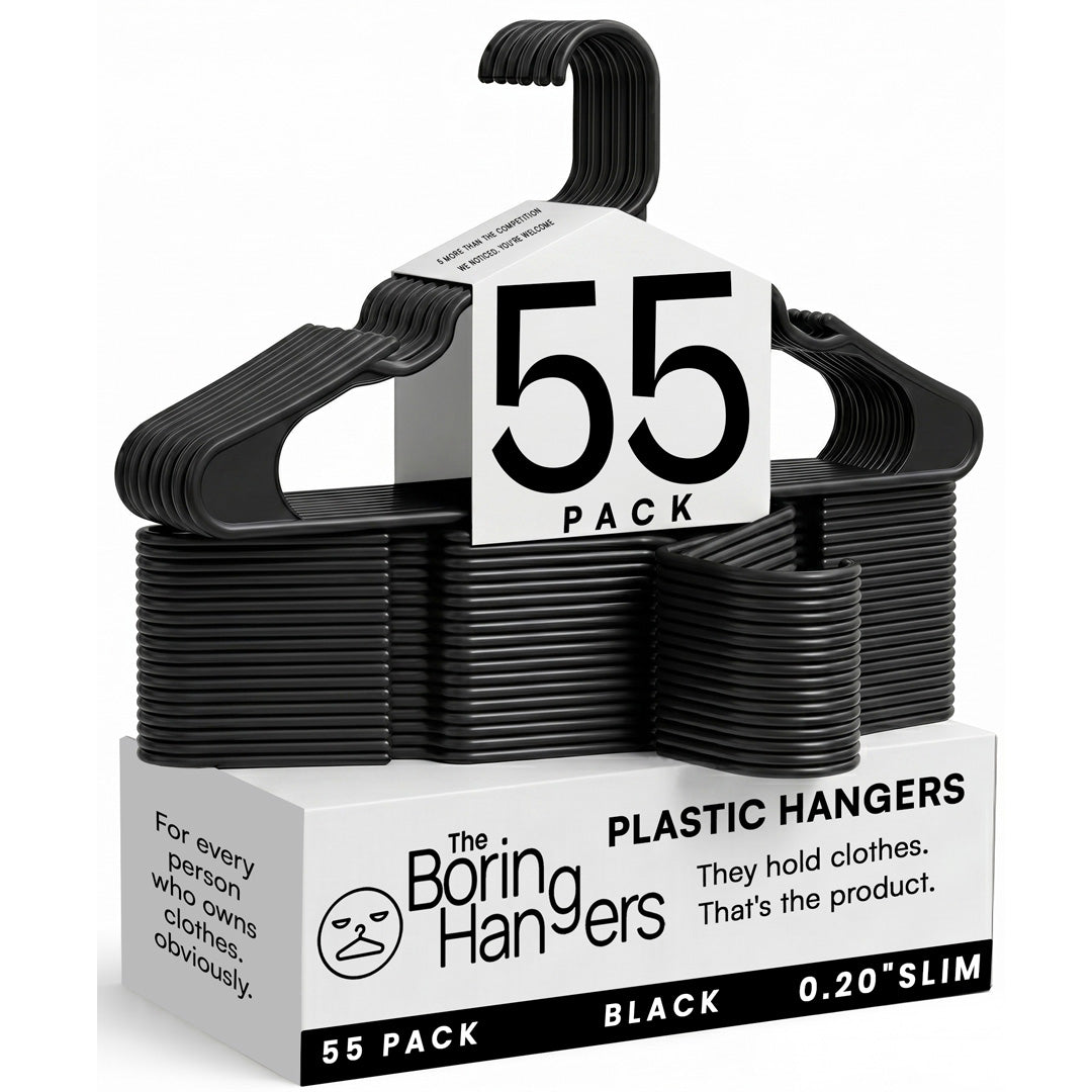 The Boring Hangers 55 Pack - 10 lb Heavy Duty Adult Hangers for Closet, Space Saving & Slim Plastic Coat Hangers for Shirts Suits Jackets - 0.20" Thin Minimalist Hangers