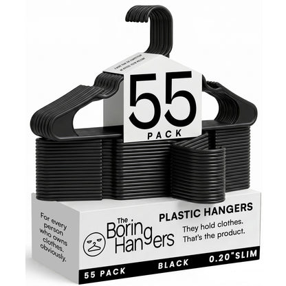 The Boring Hangers 55 Pack - 10 lb Heavy Duty Adult Hangers for Closet, Space Saving & Slim Plastic Coat Hangers for Shirts Suits Jackets - 0.20" Thin Minimalist Hangers