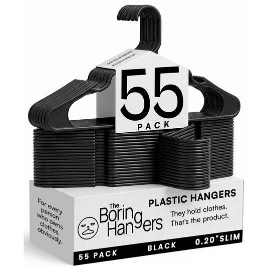 The Boring Hangers 55 Pack - 10 lb Heavy Duty Adult Hangers for Closet, Space Saving & Slim Plastic Coat Hangers for Shirts Suits Jackets - 0.20" Thin Minimalist Hangers