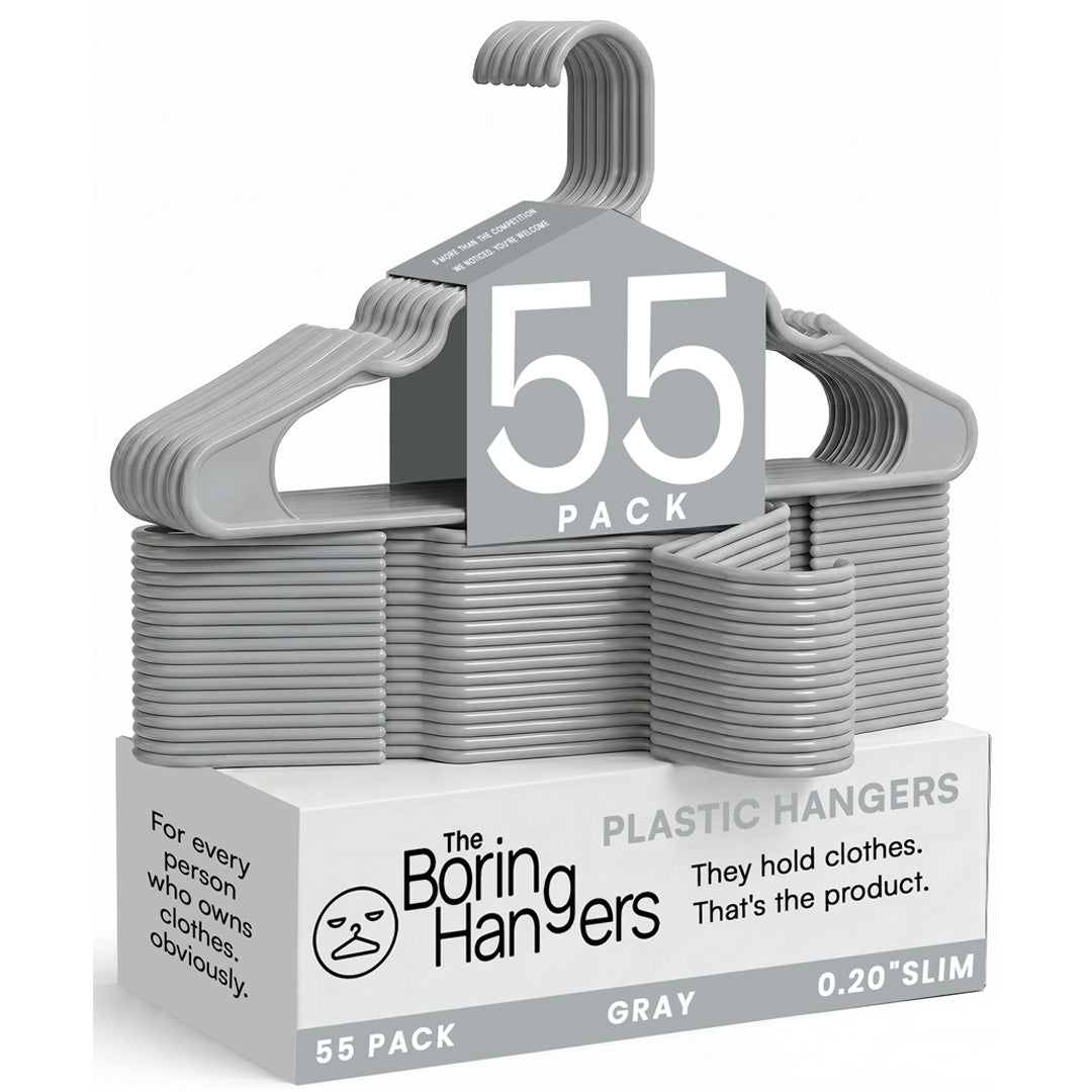 The Boring Hangers 55 Pack - 10 lb Heavy Duty Adult Hangers for Closet, Space Saving & Slim Plastic Coat Hangers for Shirts Suits Jackets - 0.20" Thin Minimalist Hangers