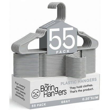 The Boring Hangers 55 Pack - 10 lb Heavy Duty Adult Hangers for Closet, Space Saving & Slim Plastic Coat Hangers for Shirts Suits Jackets - 0.20" Thin Minimalist Hangers