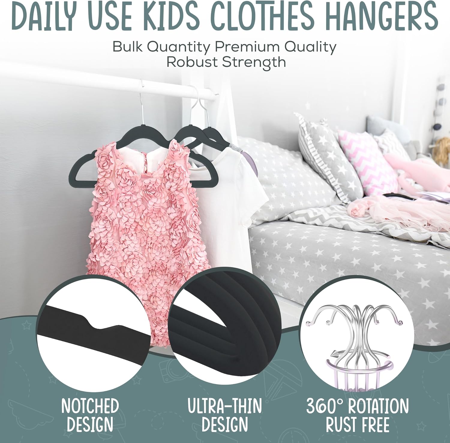 The Boring Hangers - 50 Pack Velvet Kids Hangers - Non Slip 14 Inch Clothes Hangers for Girls, Durable & Lightweight