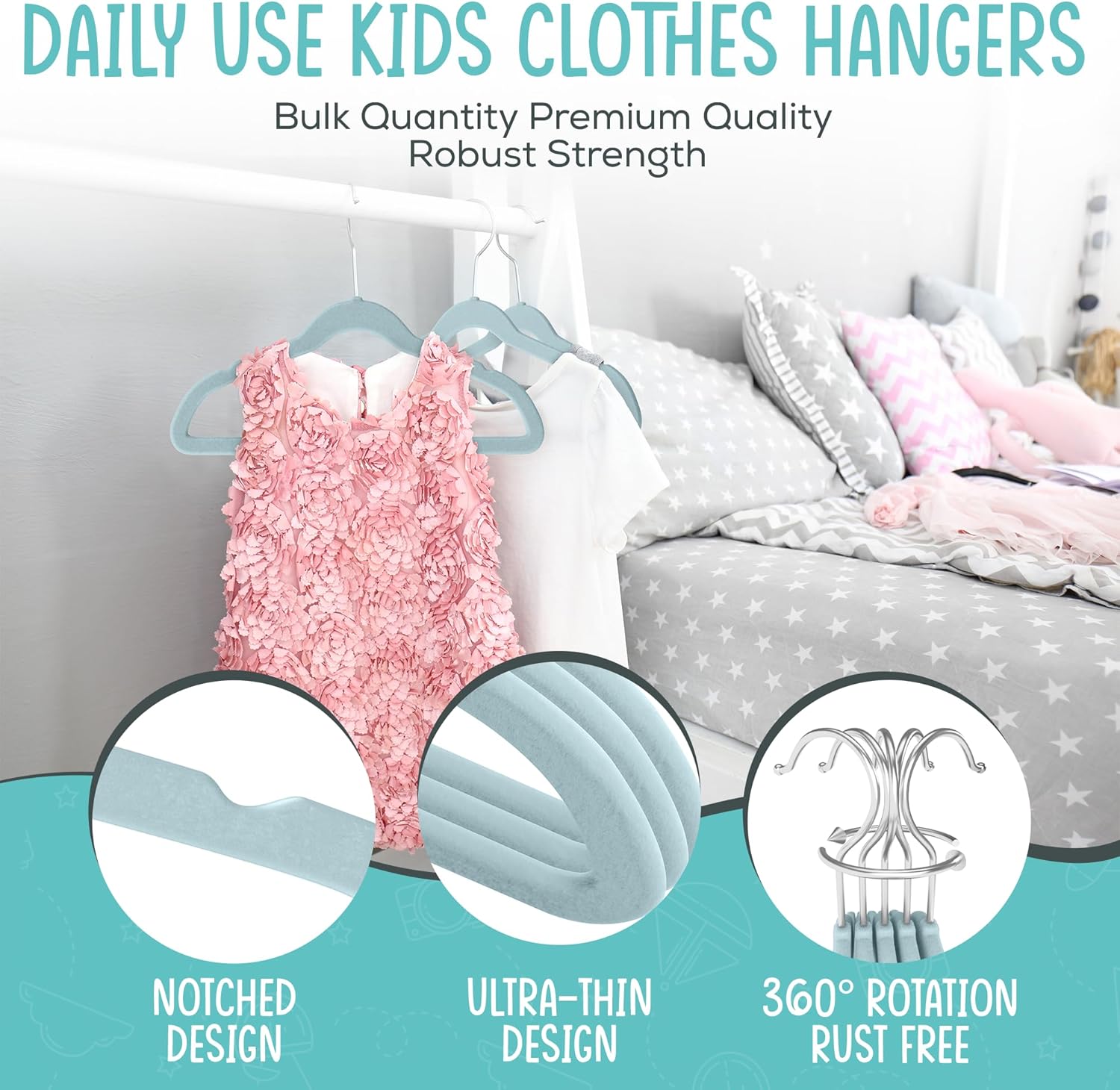 The Boring Hangers - 50 Pack Velvet Kids Hangers - Non Slip 14 Inch Clothes Hangers for Girls, Durable & Lightweight