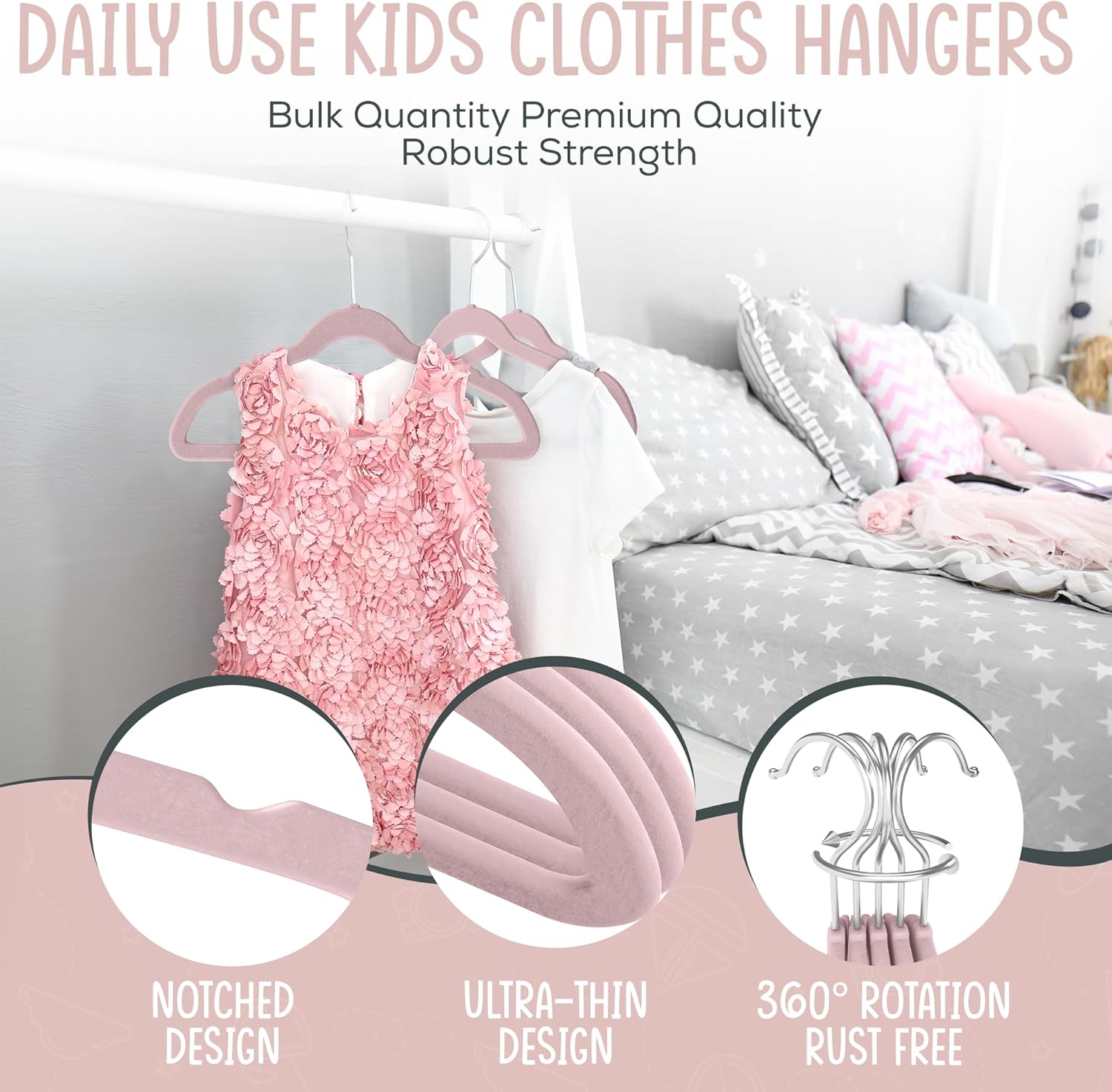 The Boring Hangers - 50 Pack Velvet Kids Hangers - Non Slip 14 Inch Clothes Hangers for Girls, Durable & Lightweight
