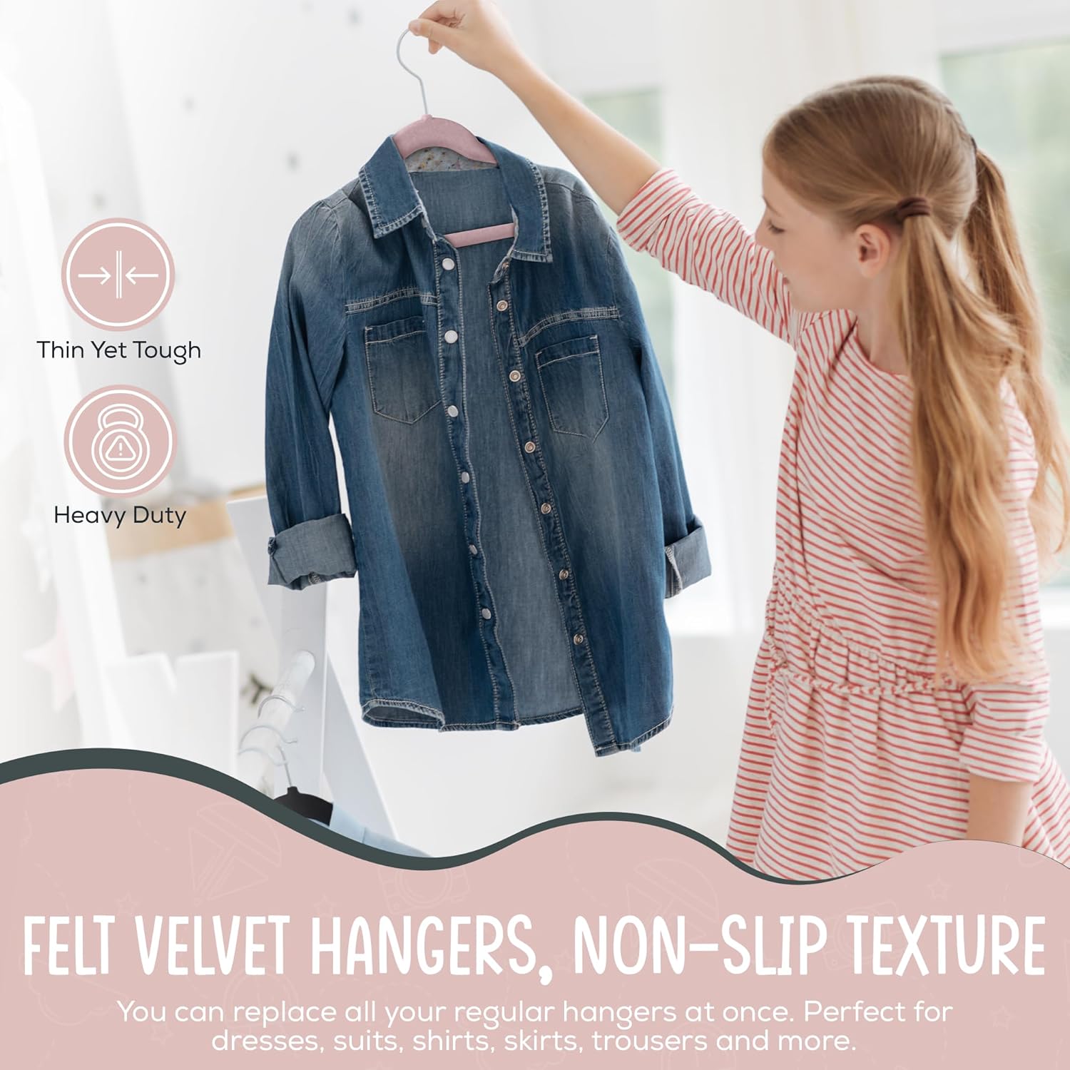 The Boring Hangers - 50 Pack Velvet Kids Hangers - Non Slip 14 Inch Clothes Hangers for Girls, Durable & Lightweight