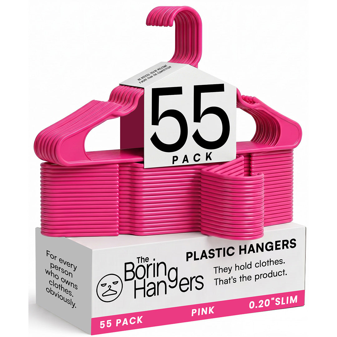 The Boring Hangers 55 Pack - 10 lb Heavy Duty Adult Hangers for Closet, Space Saving & Slim Plastic Coat Hangers for Shirts Suits Jackets - 0.20" Thin Minimalist Hangers