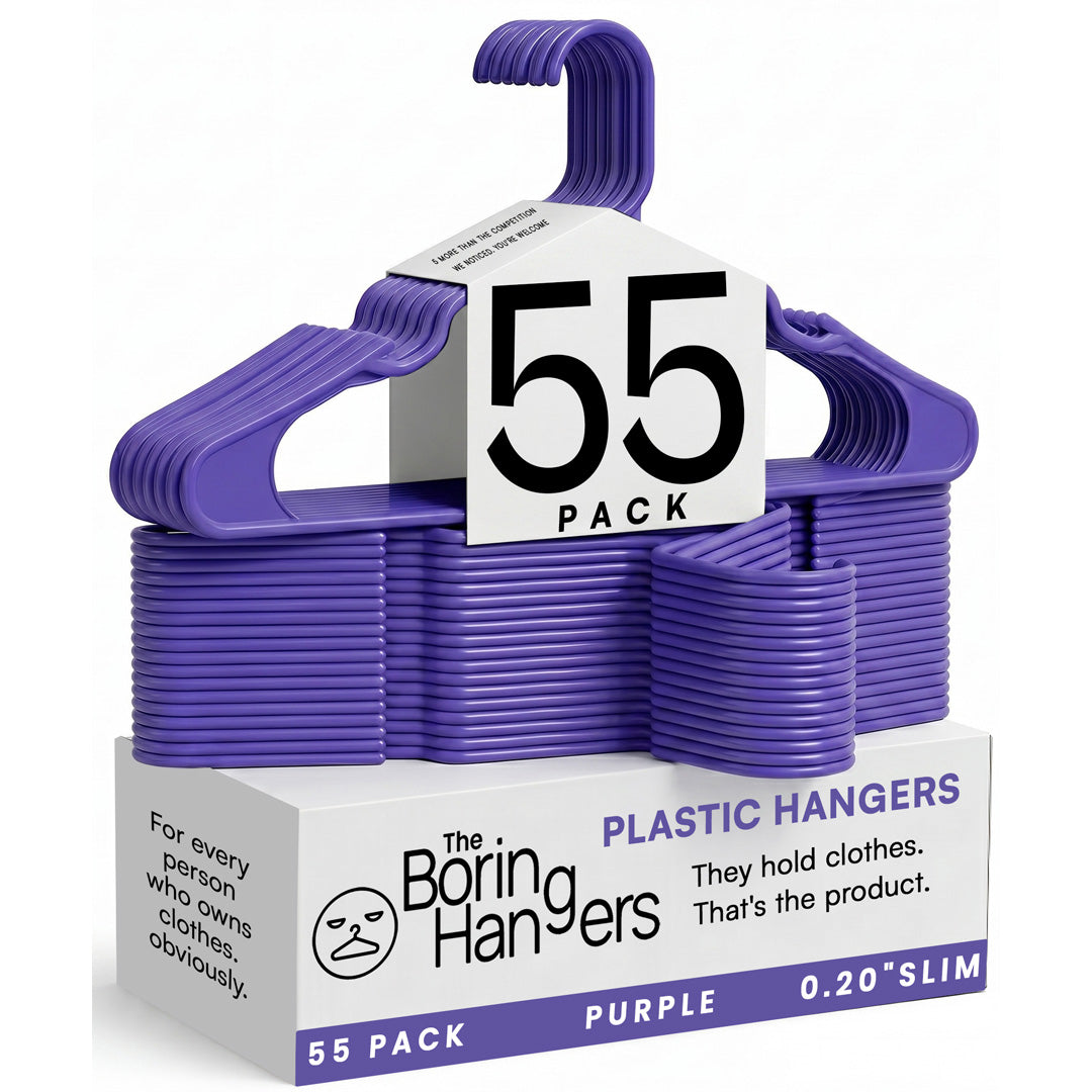 The Boring Hangers 55 Pack - 10 lb Heavy Duty Adult Hangers for Closet, Space Saving & Slim Plastic Coat Hangers for Shirts Suits Jackets - 0.20" Thin Minimalist Hangers