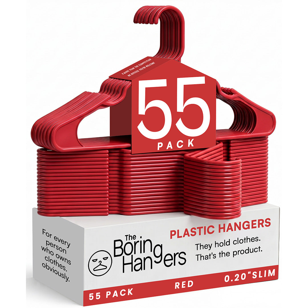 The Boring Hangers 55 Pack - 10 lb Heavy Duty Adult Hangers for Closet, Space Saving & Slim Plastic Coat Hangers for Shirts Suits Jackets - 0.20" Thin Minimalist Hangers