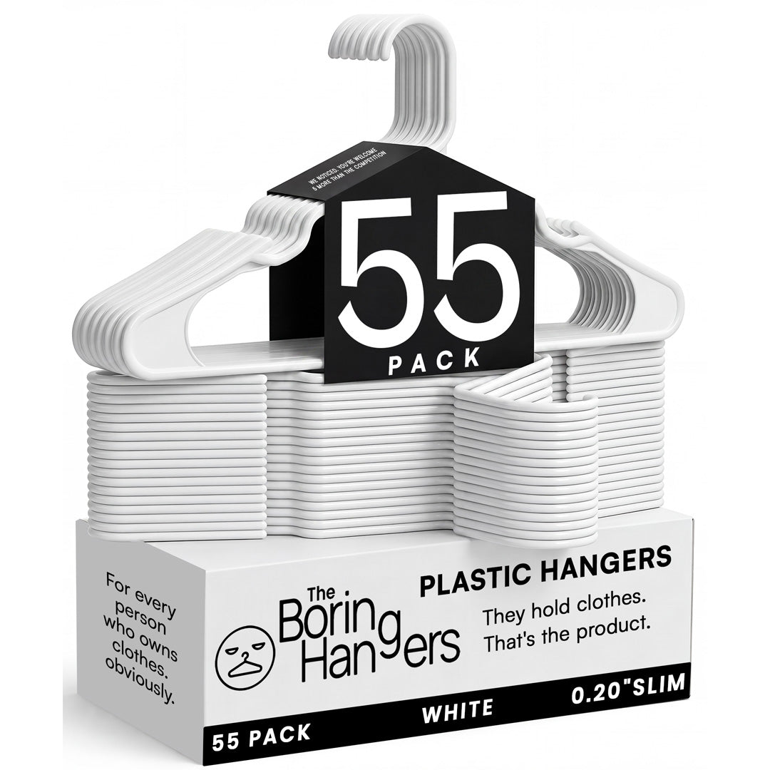 The Boring Hangers 55 Pack - 10 lb Heavy Duty Adult Hangers for Closet, Space Saving & Slim Plastic Coat Hangers for Shirts Suits Jackets - 0.20" Thin Minimalist Hangers