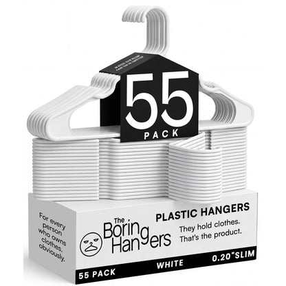The Boring Hangers 55 Pack - 10 lb Heavy Duty Adult Hangers for Closet, Space Saving & Slim Plastic Coat Hangers for Shirts Suits Jackets - 0.20" Thin Minimalist Hangers